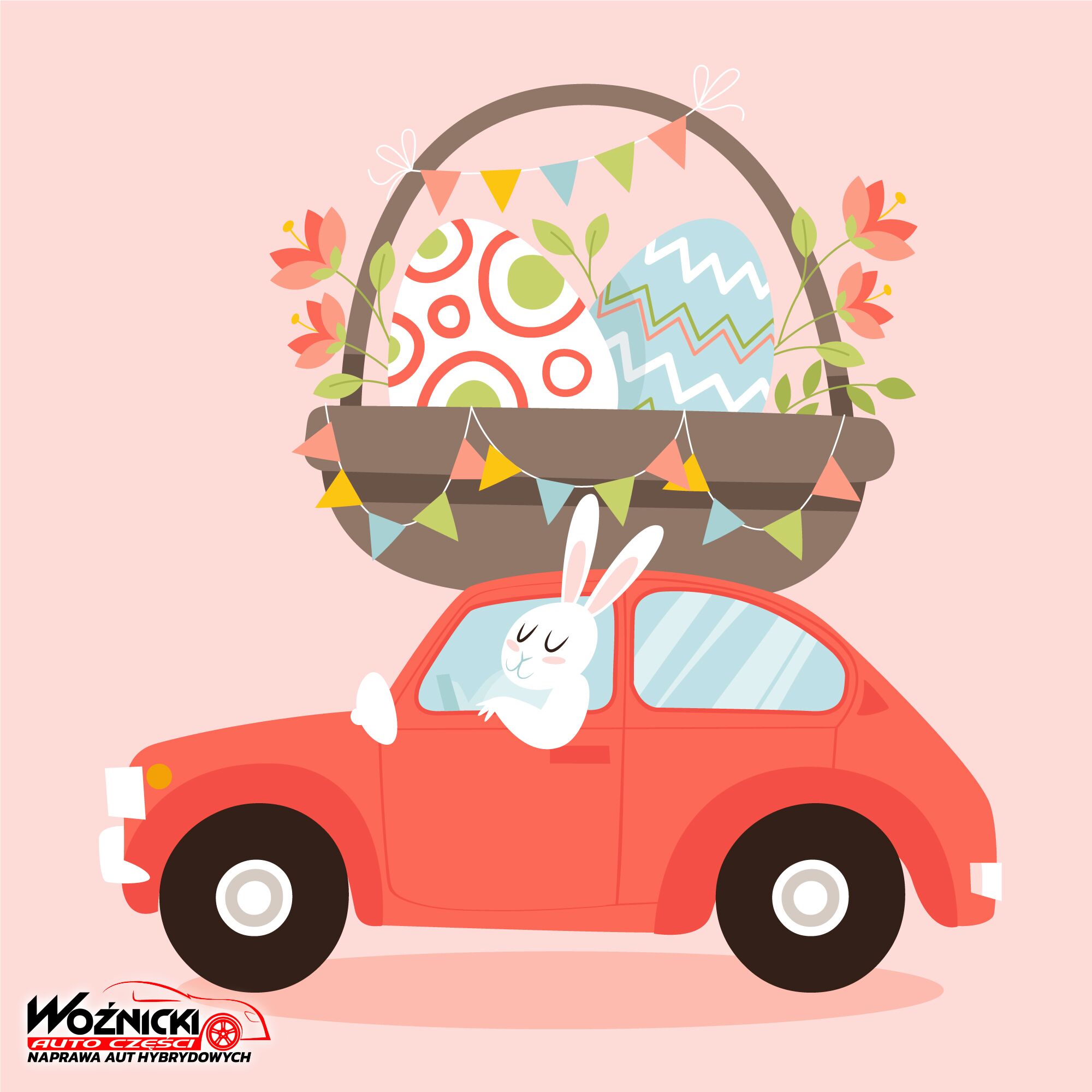 Życzenia wielkanocne Auto Części Dariusz Woźnicki – świąteczna grafika zajączka jadącego autem z koszykiem wielkanocnym